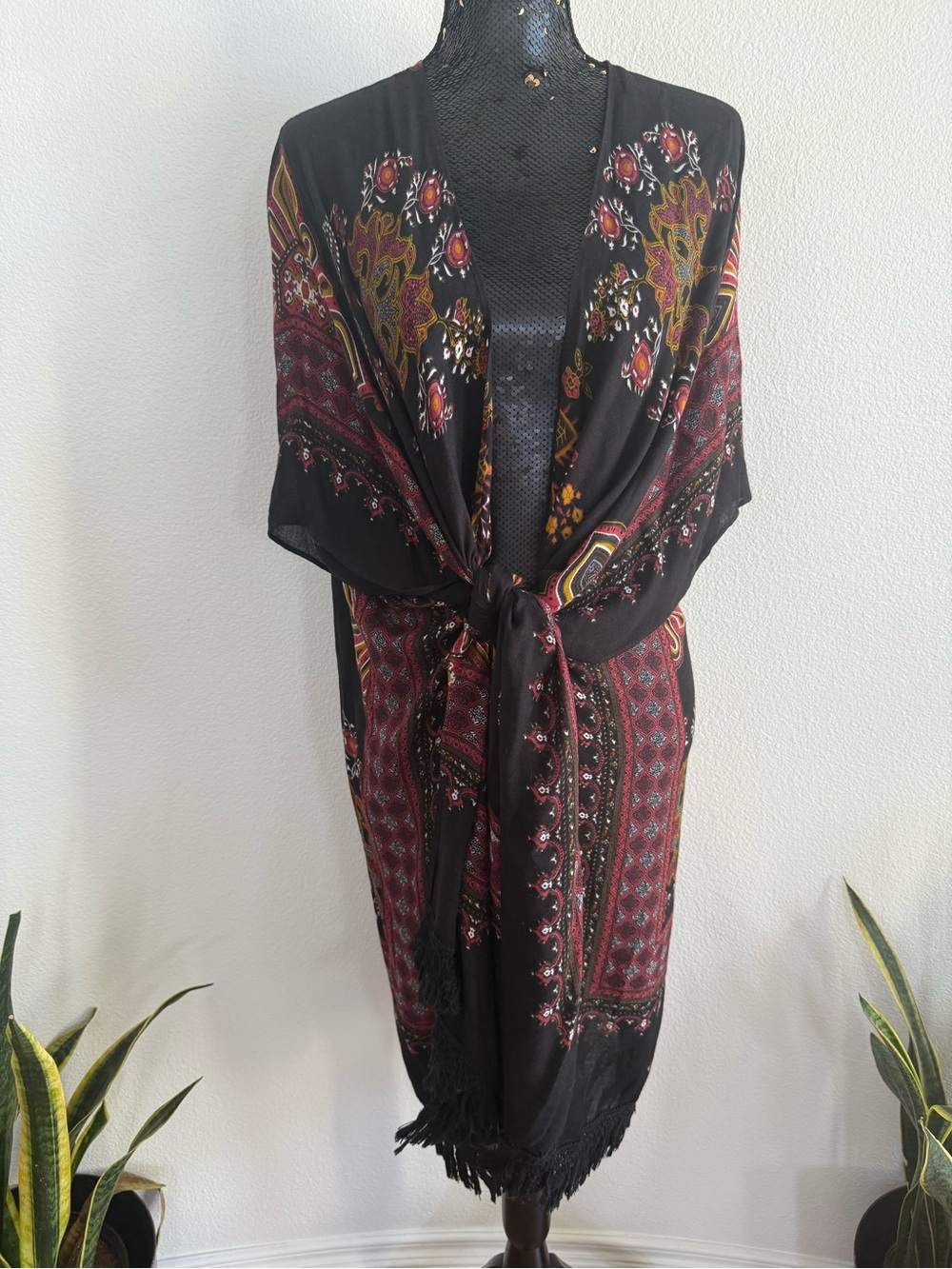 Breezy Lane Black Printed Kimono Coverup Size One Size - Picture 3 of 6